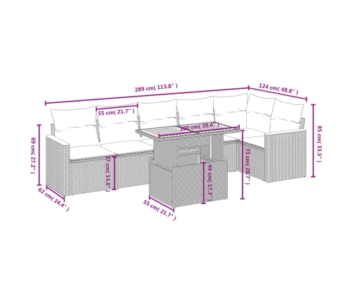 Set de comedor de jardín 7 pzas y cojines ratán sintético negro