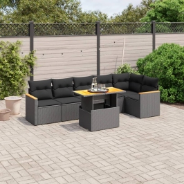 Set de comedor de jardín 7 pzas y cojines ratán sintético negro