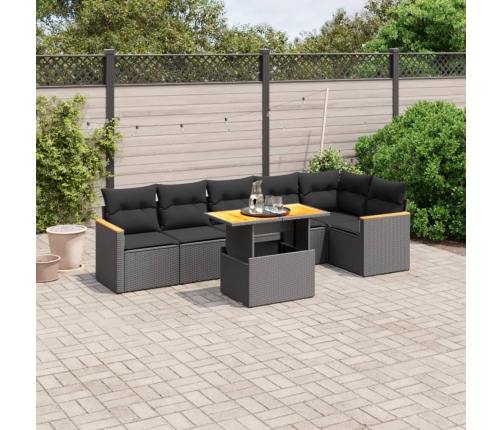 Set de comedor de jardín 7 pzas y cojines ratán sintético negro