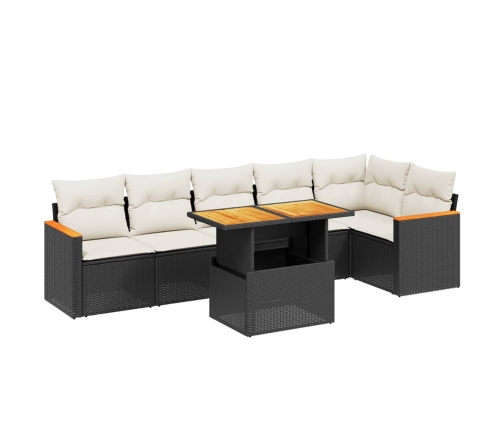 Set de comedor de jardín 7 pzas y cojines ratán sintético negro