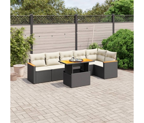 Set de comedor de jardín 7 pzas y cojines ratán sintético negro