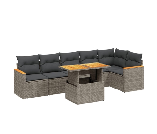 Set de sofás de jardín 7 piezas con cojines ratán PE gris