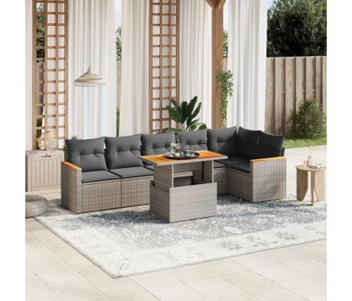 Set de sofás de jardín 7 piezas con cojines ratán PE gris