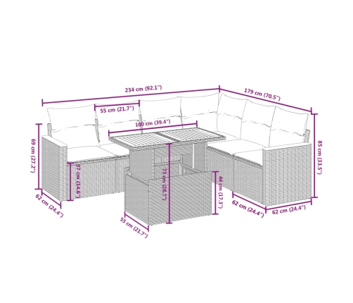 Set de comedor de jardín 7 pzas y cojines ratán sintético negro
