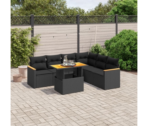 Set de comedor de jardín 7 pzas y cojines ratán sintético negro