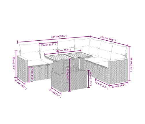Set de comedor de jardín 7 pzas y cojines ratán sintético negro