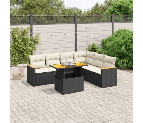 Set de comedor de jardín 7 pzas y cojines ratán sintético negro