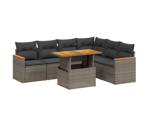 Set de sofás de jardín 7 piezas con cojines ratán PE gris