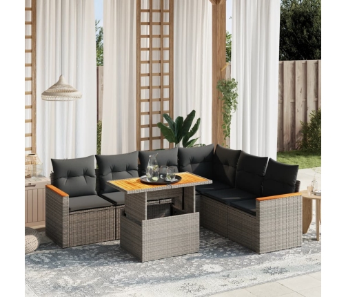 Set de sofás de jardín 7 piezas con cojines ratán PE gris