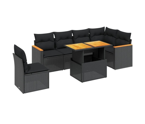 Set de comedor de jardín 7 pzas y cojines ratán sintético negro