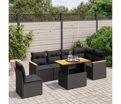 Set de comedor de jardín 7 pzas y cojines ratán sintético negro