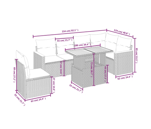 Set de comedor de jardín 7 pzas y cojines ratán sintético negro