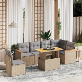 Set sofás de jardín 7 piezas y cojines ratán sintético beige
