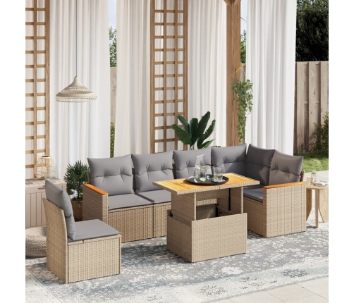 Set sofás de jardín 7 piezas y cojines ratán sintético beige