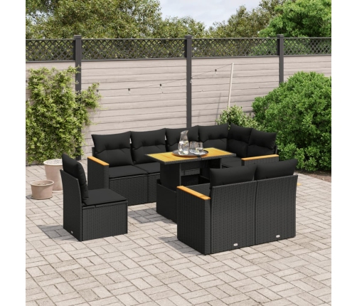 Set de sofás de jardín 8 piezas y cojines ratán sintético negro