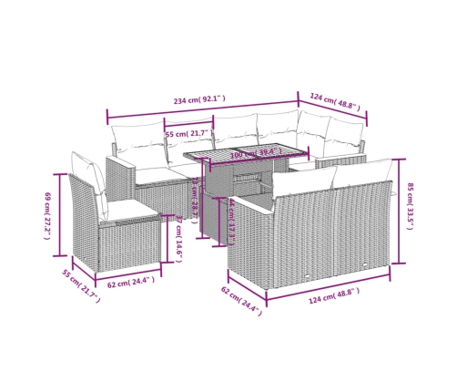 Set de muebles de jardín 9 pzas y cojines ratán sintético gris