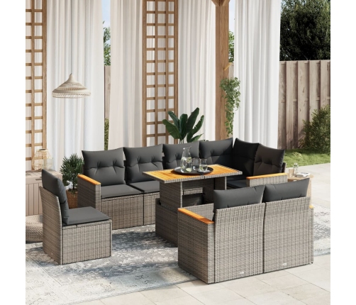 Set de muebles de jardín 9 pzas y cojines ratán sintético gris