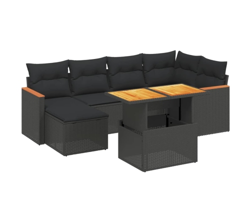 Set de comedor de jardín 7 pzas y cojines ratán sintético negro