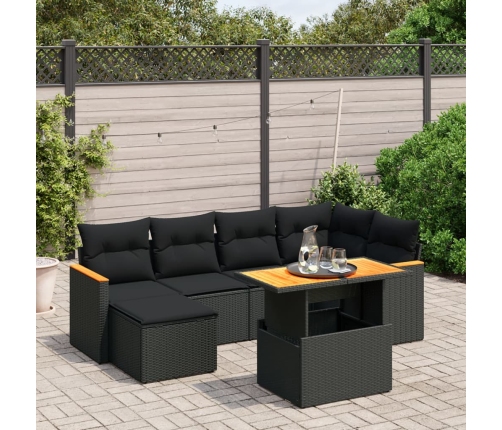 Set de comedor de jardín 7 pzas y cojines ratán sintético negro
