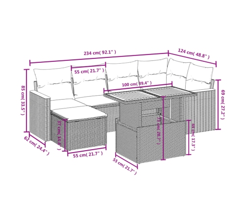 Set de comedor de jardín 7 pzas y cojines ratán sintético negro