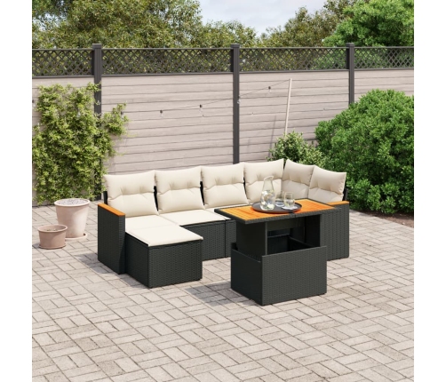 Set de comedor de jardín 7 pzas y cojines ratán sintético negro