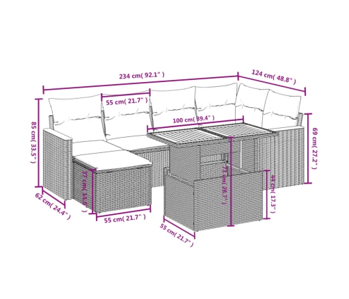 Set sofás de jardín 7 piezas y cojines ratán sintético beige