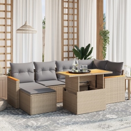 Set sofás de jardín 7 piezas y cojines ratán sintético beige
