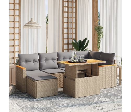 Set sofás de jardín 7 piezas y cojines ratán sintético beige