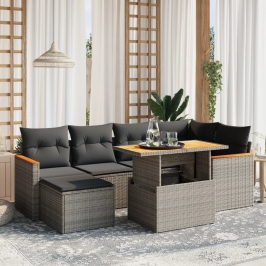 Set de sofás de jardín 7 piezas con cojines ratán PE gris