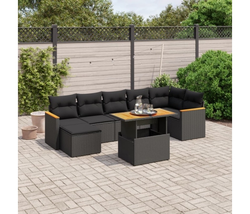 Set de sofás de jardín 8 piezas y cojines ratán sintético negro