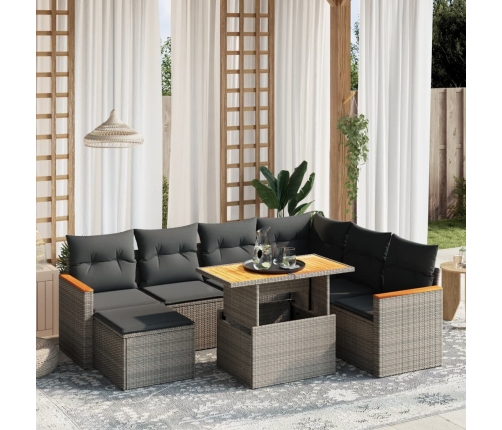 Set de sofás de jardín 8 pzas y cojines ratán sintético gris