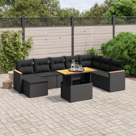 Set de sofás de jardín 8 piezas y cojines ratán sintético negro