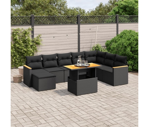 Set de sofás de jardín 8 piezas y cojines ratán sintético negro