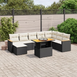 Set de sofás de jardín 8 piezas y cojines ratán sintético negro