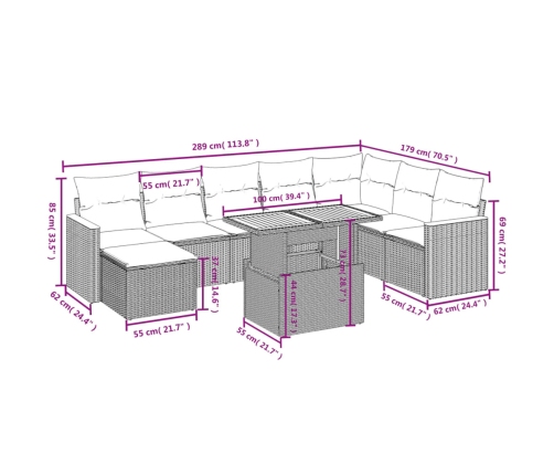 Set de muebles de jardín 9 pzas y cojines ratán sintético gris