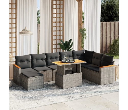 Set de muebles de jardín 9 pzas y cojines ratán sintético gris