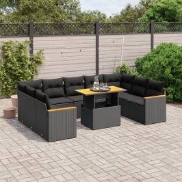 Set de sofás de jardín 10 pzas cojines ratán sintético negro