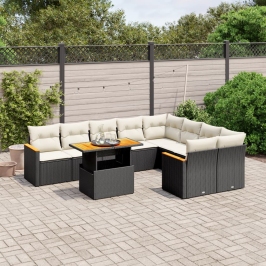 Set de sofás de jardín 10 pzas cojines ratán sintético negro