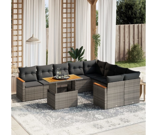 Set de sofás de jardín 10 pzas con cojines ratán sintético gris