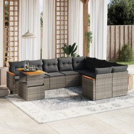 Set de sofás de jardín 10 pzas con cojines ratán sintético gris