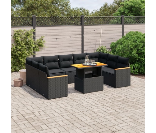 Set de sofás de jardín 11 pzas y cojines ratán sintético negro