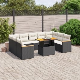 Set de sofás de jardín 11 pzas y cojines ratán sintético negro