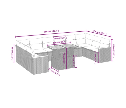Set de sofás de jardín 11pzas con cojines ratán sintético beige