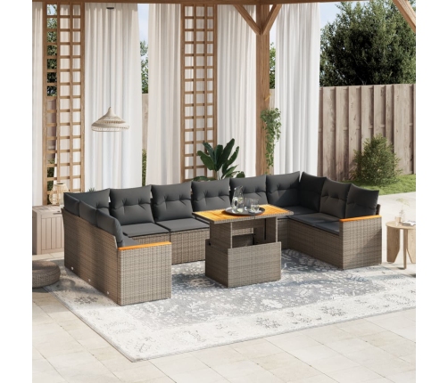 Set de sofás de jardín 11 pzas y cojines ratán sintético gris
