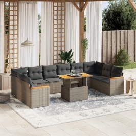 Set de sofás de jardín 11 pzas y cojines ratán sintético gris
