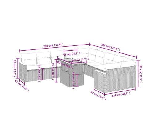 Set de sofás de jardín 11pzas con cojines ratán sintético beige