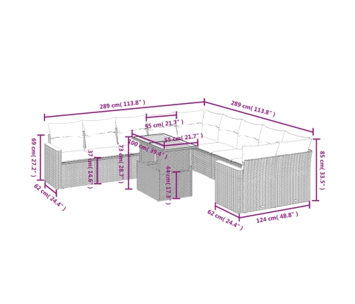 Set de sofás de jardín 11pzas con cojines ratán sintético beige