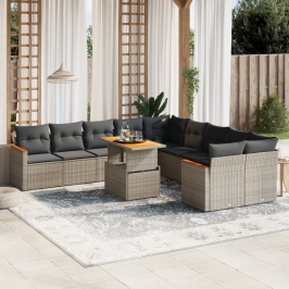 Set de sofás de jardín 11 pzas y cojines ratán sintético gris
