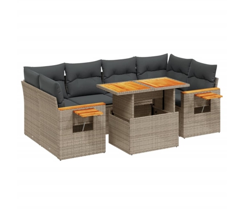 Set de sofás de jardín 7 piezas con cojines ratán PE gris