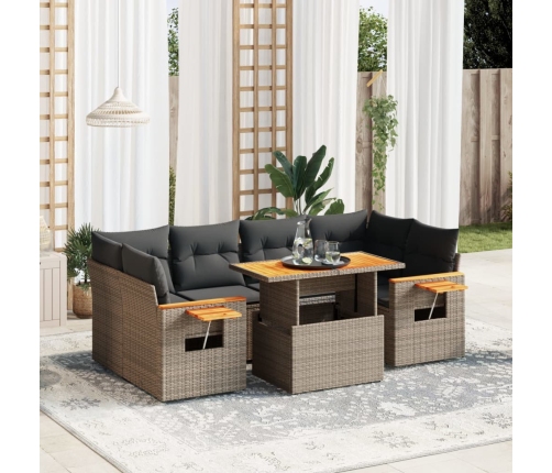 Set de sofás de jardín 7 piezas con cojines ratán PE gris